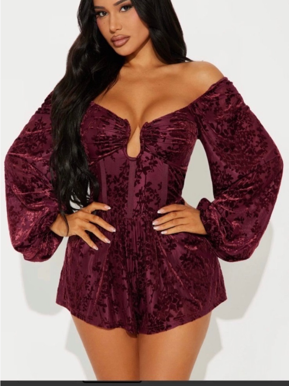 Fashion Nova Burgundy Off-Shoulder Velvet Romper